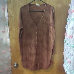 White Crow Long Brown V-Neck Button Cardigan